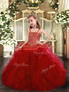 Red Ball Gowns Beading and Ruffles Pageant Dress for Teens Lace Up Tulle Sleeveless Floor Length