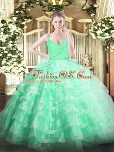 Apple Green Sweet 16 Dresses Military Ball and Sweet 16 and Quinceanera with Ruffled Layers Spaghetti Straps Sleeveless Zipper