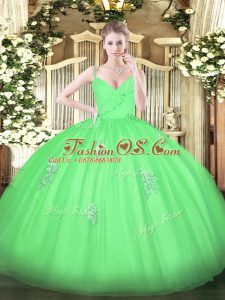 Floor Length Zipper Sweet 16 Dresses Green for Military Ball and Sweet 16 and Quinceanera with Appliques