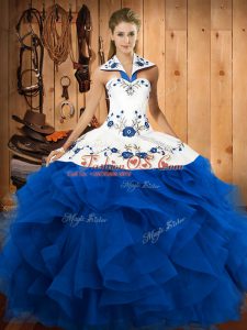 Halter Top Sleeveless Tulle 15th Birthday Dress Embroidery and Ruffles Lace Up