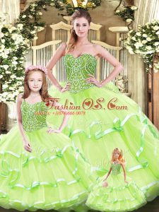 Gorgeous Yellow Green Sleeveless Floor Length Beading and Ruffled Layers Lace Up Quince Ball Gowns