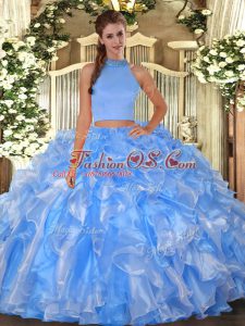 Custom Fit Baby Blue Halter Top Neckline Beading and Ruffles Sweet 16 Quinceanera Dress Sleeveless Backless