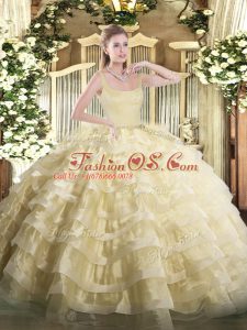 Charming Gold Sleeveless Floor Length Beading and Ruffled Layers Zipper Sweet 16 Dress