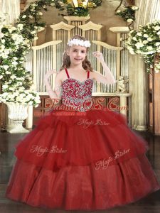Sleeveless Organza Floor Length Lace Up Kids Formal Wear in Wine Red with Beading and Ruffled Layers