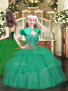 Turquoise Lace Up Little Girls Pageant Dress Beading and Ruffled Layers Sleeveless Floor Length
