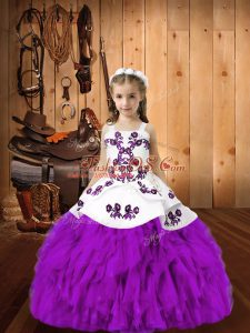 Embroidery and Ruffles Little Girl Pageant Gowns Eggplant Purple Lace Up Sleeveless Floor Length