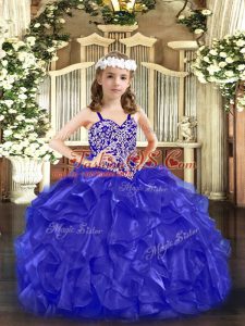 Perfect Sleeveless Floor Length Beading and Ruffles Lace Up Kids Pageant Dress with Blue