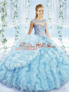 Glamorous Beading and Ruffles and Pick Ups Quinceanera Gowns Blue Lace Up Sleeveless