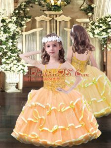 Customized Sleeveless Floor Length Beading and Ruffled Layers Lace Up Custom Made Pageant Dress with Orange