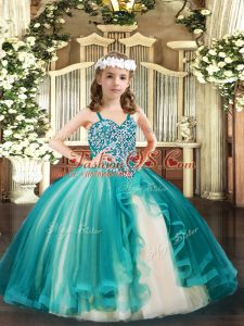 Teal Lace Up Straps Beading Kids Pageant Dress Tulle Sleeveless