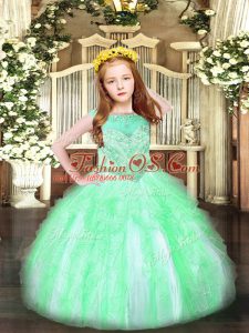 Apple Green Organza Zipper Scoop Sleeveless Floor Length Little Girl Pageant Gowns Beading and Ruffles