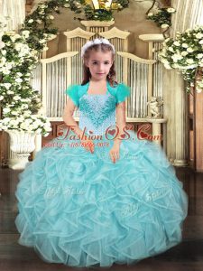 Aqua Blue and Apple Green Straps Lace Up Beading and Ruffles Little Girl Pageant Gowns Sleeveless