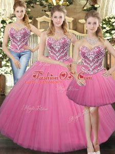 Sweet Rose Pink Tulle Lace Up Sweet 16 Dress Sleeveless Floor Length Beading