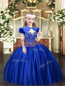Hot Sale Floor Length Royal Blue Pageant Gowns For Girls Satin Sleeveless Beading