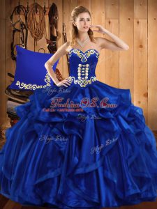 Dazzling Royal Blue Lace Up Quinceanera Gowns Embroidery and Ruffles Sleeveless Floor Length