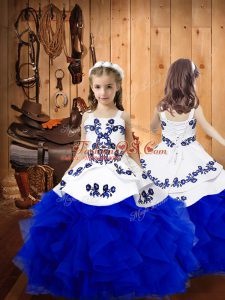 Royal Blue Ball Gowns Straps Sleeveless Organza Floor Length Lace Up Embroidery and Ruffles Little Girl Pageant Gowns