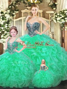 Decent Floor Length Lace Up Quinceanera Gown Green for Military Ball and Sweet 16 and Quinceanera with Ruffles