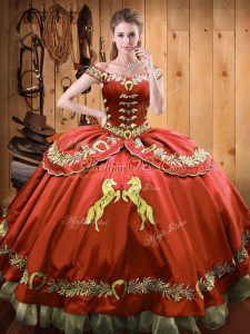 Floor Length Rust Red Sweet 16 Quinceanera Dress Off The Shoulder Sleeveless Lace Up