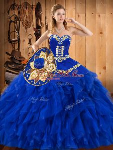 Romantic Blue Lace Up Sweetheart Embroidery and Ruffles Quinceanera Gowns Satin and Organza Sleeveless