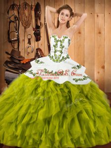 Olive Green Satin and Organza Lace Up Strapless Sleeveless Floor Length Sweet 16 Quinceanera Dress Embroidery and Ruffles