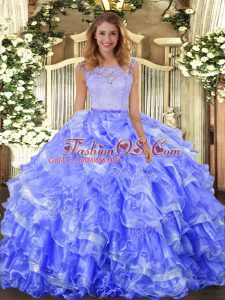Lace and Ruffled Layers Quince Ball Gowns Blue Clasp Handle Sleeveless Floor Length