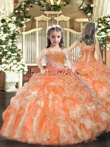 Floor Length Orange Custom Made Pageant Dress Straps Sleeveless Lace Up