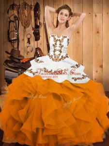 Strapless Sleeveless Vestidos de Quinceanera Floor Length Embroidery and Ruffles Gold Satin and Organza