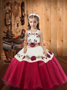 Embroidery Kids Formal Wear Red Lace Up Sleeveless Floor Length