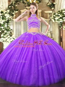 Lavender Tulle Backless High-neck Sleeveless Floor Length Quinceanera Dress Beading