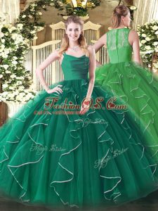 Custom Design Peacock Green Straps Zipper Ruffles Sweet 16 Dresses Sleeveless