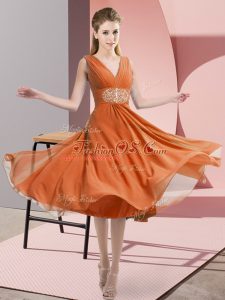 Stylish V-neck Sleeveless Damas Dress Knee Length Beading Rust Red Chiffon