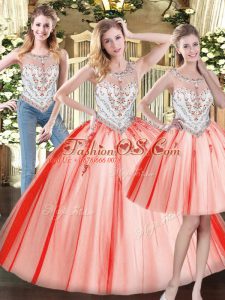 Smart Red Zipper Scoop Beading Quinceanera Gown Tulle Sleeveless