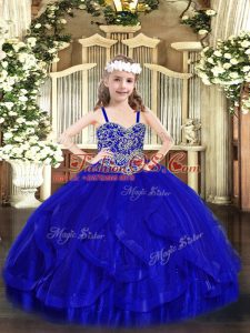 Sleeveless Floor Length Beading and Ruffles Lace Up Kids Pageant Dress with Royal Blue