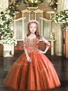 Dramatic Beading Little Girls Pageant Gowns Rust Red Lace Up Sleeveless Floor Length