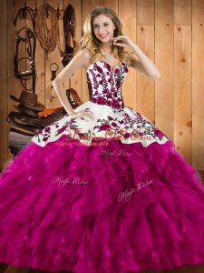 Stunning Sleeveless Floor Length Embroidery and Ruffles Lace Up Sweet 16 Dresses with Fuchsia