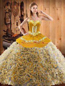Multi-color Ball Gowns Sweetheart Sleeveless Satin and Fabric With Rolling Flowers With Train Sweep Train Lace Up Embroidery Quince Ball Gowns