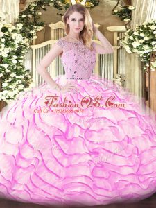 Zipper Sweet 16 Quinceanera Dress Lilac for Military Ball and Sweet 16 and Quinceanera with Beading and Ruffled Layers Sweep Train