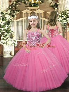 Floor Length Rose Pink Winning Pageant Gowns Straps Sleeveless Lace Up
