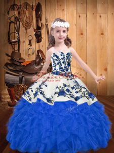 Organza Straps Sleeveless Lace Up Embroidery and Ruffles Girls Pageant Dresses in Blue