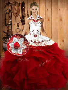 Exquisite Wine Red Ball Gowns Satin and Organza Halter Top Sleeveless Embroidery and Ruffles Floor Length Lace Up Quinceanera Gown
