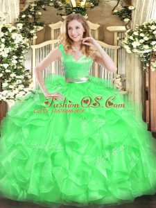 Inexpensive Green Tulle Zipper Quince Ball Gowns Sleeveless Floor Length Beading and Ruffles