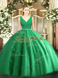 Floor Length Zipper Quinceanera Gown Green for Military Ball and Sweet 16 and Quinceanera with Beading