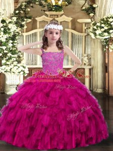 Fuchsia Lace Up Straps Beading and Ruffles Little Girl Pageant Gowns Organza Sleeveless
