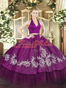 Enchanting Fuchsia Halter Top Neckline Appliques Quinceanera Gowns Sleeveless Zipper
