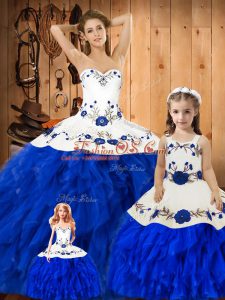 Sleeveless Floor Length Embroidery and Ruffles Lace Up Quinceanera Gowns with Blue And White