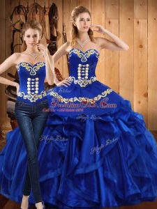 Simple Floor Length Lace Up Sweet 16 Quinceanera Dress Royal Blue for Military Ball and Sweet 16 and Quinceanera with Embroidery and Ruffles