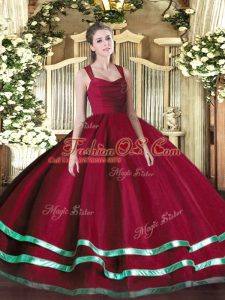 Straps Sleeveless Quinceanera Gowns Floor Length Ruffled Layers and Ruching Wine Red Organza
