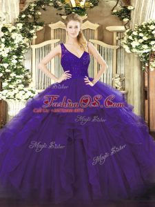 Sophisticated Organza V-neck Sleeveless Backless Beading and Lace and Ruffles Quinceanera Dress in Purple