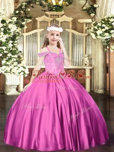 Fuchsia Off The Shoulder Neckline Beading Pageant Dress for Teens Sleeveless Lace Up
