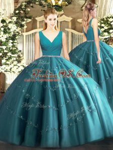 Teal Sleeveless Tulle Zipper Quinceanera Dress for Military Ball and Sweet 16 and Quinceanera